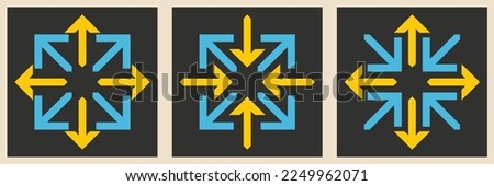Black and white arrows represent expansion, contraction, motion in and out, center, off center, epicenter, target, and radar concepts. Vector abstract geometric illustration