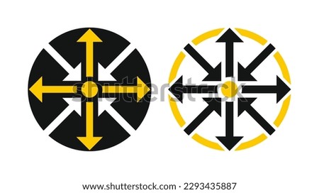 Symbol of expansion and contract, inward and outward arrows in circular, black and white vector illustration, an abstract geometric background