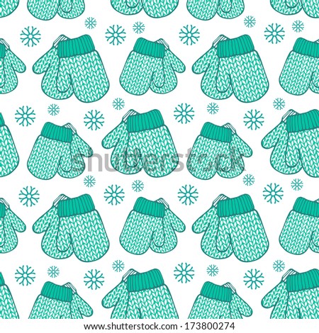 Seamless pattern with colorful stylized knitted mittens. Decorative winter background