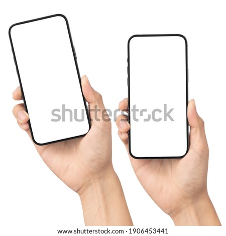 Set of man hand holding the black smartphone with blank screen isolated on white background with clipping path, Can use mock-up for your application or website design project.