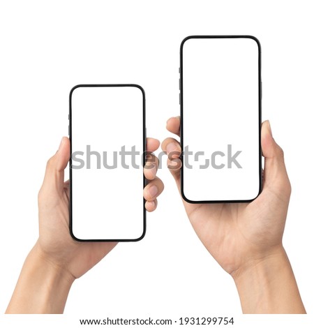 Set of man hand holding the black smartphone with blank screen isolated on white background with clipping path, Can use mock-up for your application or website design project.