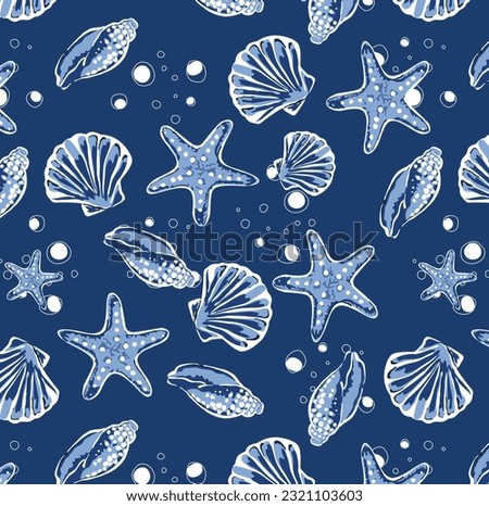 Seamless pattern with seafood elements in blue tones. vector design for fabric printing