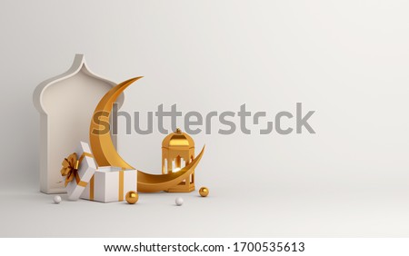 Islamic background, Gift box, lantern, gold crescent moon on white. Design concept of ramadan kareem, mawlid, iftar,isra and miraj or eid al fitr adha, copy space text area, 3D illustration.