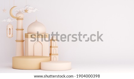 Islamic display podium decoration background on white with mosque, lantern, crescent, ramadan kareem, mawlid, iftar, isra  miraj, eid al fitr adha, muharram, copy space text area, 3D illustration.