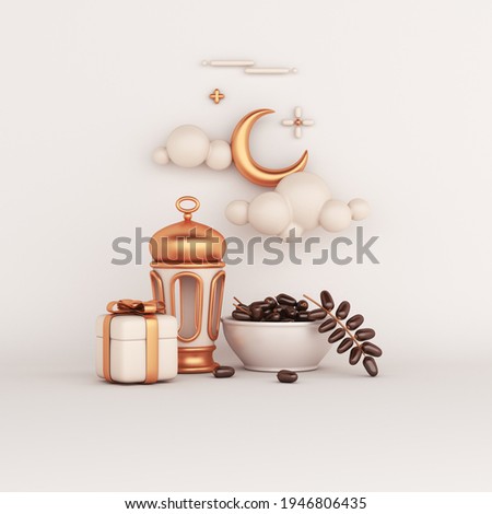 Islamic decoration background with date fruit, lantern, crescent, gift box cartoon style, ramadan kareem, mawlid, iftar, isra  miraj, eid al fitr adha, muharram, copy space text, 3D illustration.