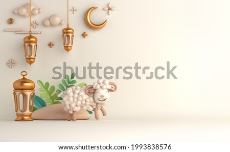 Eid al adha islamic decoration background with goat sheep arabic lantern crescent, ramadan kareem, mawlid, iftar, isra  miraj, eid al fitr, muharram, copy space text area, 3D illustration.
