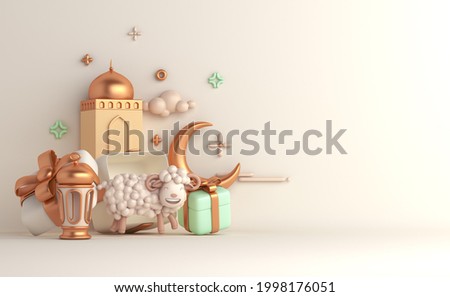 Eid al adha islamic decoration background with goat sheep arabic lantern crescent, gift box, ramadan kareem, mawlid, iftar, isra  miraj, eid al fitr, muharram, copy space text area, 3D illustration.