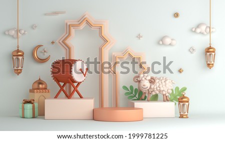 Eid al adha islamic decoration display podium background with goat sheep arabic crescent lantern bedug, ramadan kareem, mawlid, iftar, isra  miraj, eid al fitr, muharram, copy space, 3D illustration