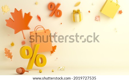 Autumn sale background with maple leaves shopping bag gift box percent symbol acorn, copy space text, 3D rendering illustration