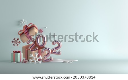 Happy new year 2022 decoration background with balloon gift box snowflakes, 3D rendering illustration