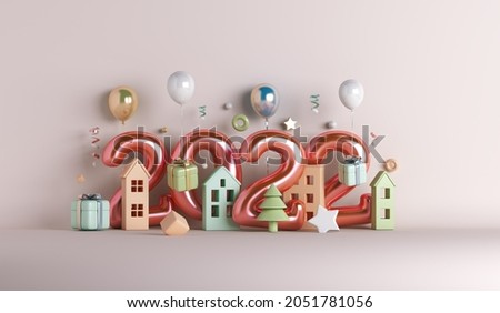 Happy new year 2022 decoration background with house building, balloon gift box, 3D rendering illustration