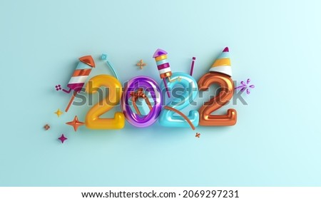 Happy new year 2022 decoration background with firework rocket, gift box, 3D rendering illustration