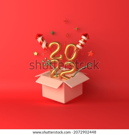 Happy new year 2022 decoration background with firework rocket opened box confetti, 3D rendering illustration