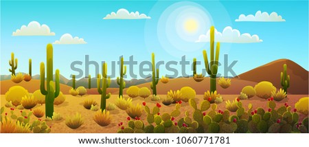 Desert landscape with cactus and bushes, sunny blue sky with clouds.Vector illustration. 