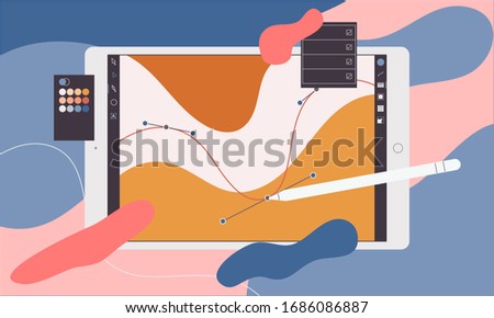 Flat style vector illustration of top view digital tablet screen with pen drawing an artwork. Graphic design equipments, device and application for creating. Making vector illustration on tablet.