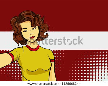 Asian woman taking selfie photo in front of national flag Latvia in pop art style illustration. Element of sport fan illustration for mobile and web apps on national flag background