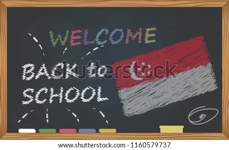 Back to school with learning and childhood concept. Banner with an inscription with the chalk welcome back to school and the Singapore national flag