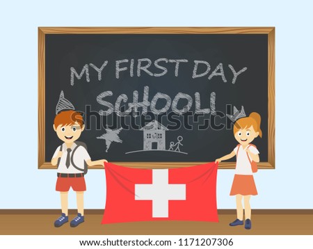 Colored smiling children, boy and girl, holding a national Switzerland flag behind a school board illustration. Vector cartoon illustration of first school day