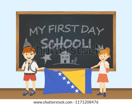 Colored smiling children, boy and girl, holding a national Bosnia and Herzegovina flag behind a school board illustration. Vector cartoon illustration of first school day