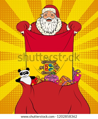 Santa Claus gets national flag of Moldova out of the bag with toys in pop art style. Illustration of new year in pop art style