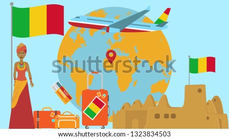 Welcome to Mali postcard. Travel and safari concept of Africa world map vector illustration with national flag welcome background