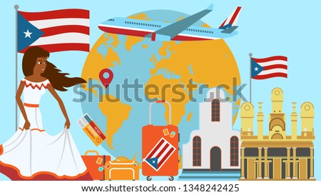 Welcome to Puerto Rico postcard. Travel and journey concept of Latinos country vector illustration with national flag of Puerto Rico