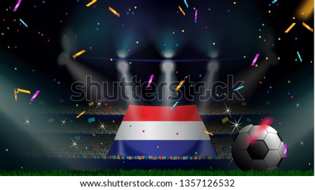 Fans hold the flag of Netherlands among silhouette of crowd audience in soccer stadium with confetti to celebrate football game. Concept design for football result template