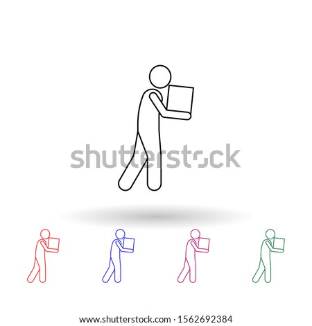 Man in hand carries a box multi color icon. Simple thin line, outline vector of carrying and picking a box icons for ui and ux, website or mobile application