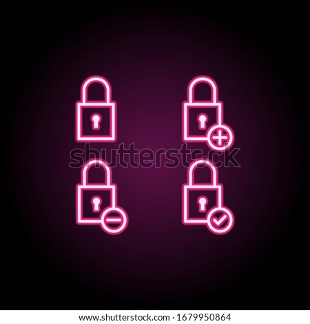 Lock, plus, check, minus sign neon icon. Simple thin line, outline vector of web icons for ui and ux, website or mobile application