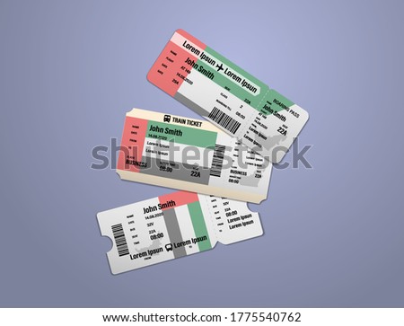 Modern design of United Arab Emirates airline, bus and train travel boarding pass. Three tickets of United Arab Emirates painted in flag color. Vector illustration isolated