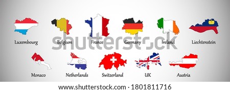 Set of Western Europe country maps with flags isolated on gray background, vector illustration