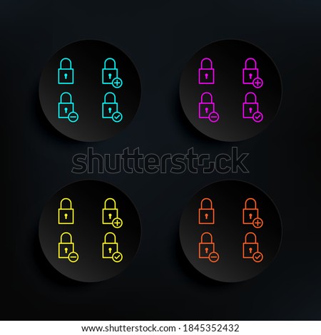 Lock, plus, check, minus sign dark badge color set icon. Simple thin line, outline vector of web icons for ui and ux, website or mobile application