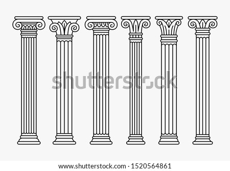 Set of six ancient greek, roman columns, pillars, linear silhouettes