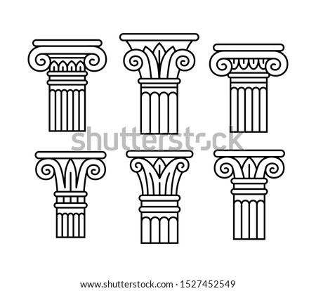 Set of six ancient greek, roman columns, pillars, orders, capitals. Linear silhouettes