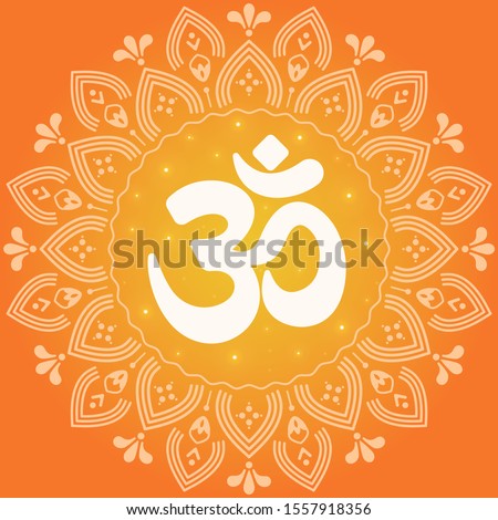 Indian mantra om with floral ornament on orange background. Ethnic folk vector illustration