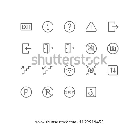 Sign Icon Design Vector Symbol Set including exit, information, help, faq, question, login, logout, enter, parking, no, smoking, camera, staircase, public, wifi, assembly point, stop, disabled