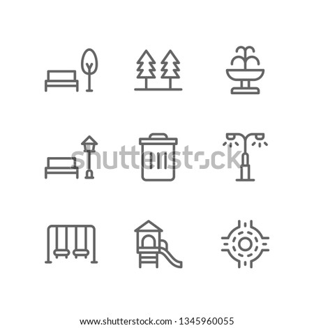 City icon set including park, forest, fountain, garden, trash bin, street, playground, roundabout