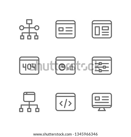 Programming icon set including workflow, landing page, website, error, dashboard, web slider, sitemap, coding