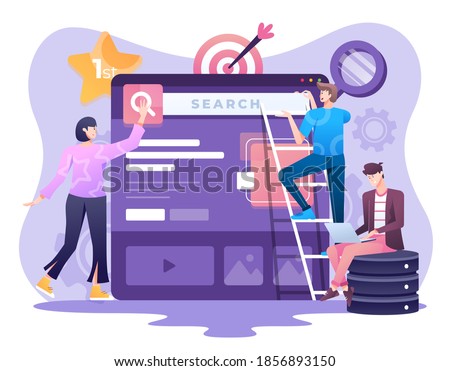 SEO Optimization Illustration, Developers and Team focusing How to Be in the First Page of Search. This illustration can be use for website, landing page, web, app, and banner.