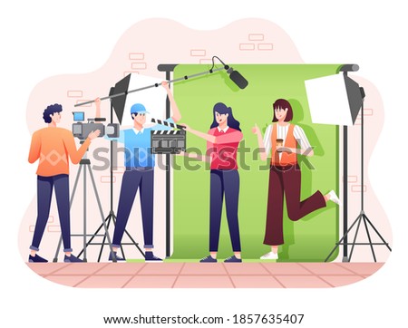 Production Agency Illustration, Director shooting Video or Movie with help from Cameraman and Talents. This illustration can be use for website, landing page, web, app, and banner.