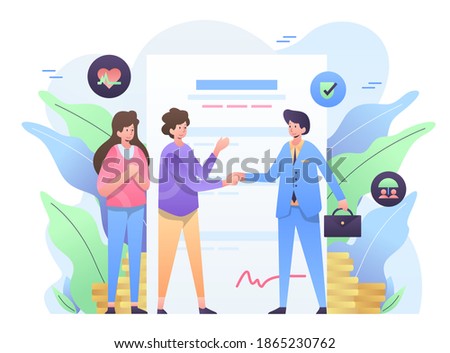 Insurance Agency Illustration, An Agent Signing Insurance Deal with Client. This illustration can be use for website, landing page, web, app, and banner.