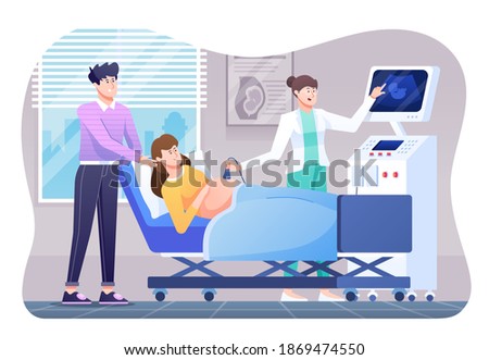 Pregnancy Check Illustration, using USG to See the Baby. This illustration can be use for website, landing page, web, app, and banner.