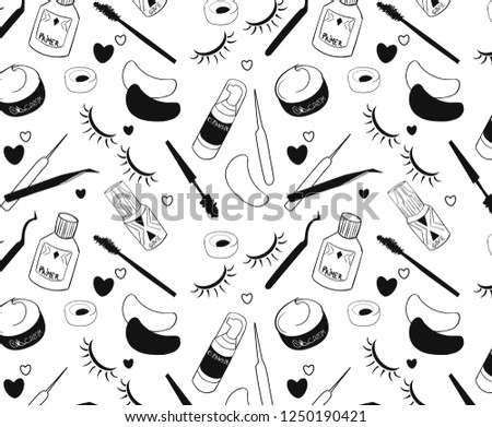 Eyelashes extensions tools pattern. Hand drawn Vector background. 