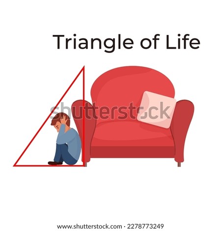 Man hiding in triangle of life. Earthquake instruction. Safety rules. Man sitting near the armchair to protect himself. Vector illustration