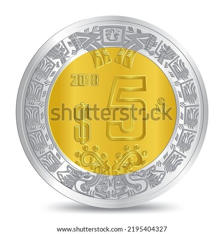 Reverse of golden silver mexican five peso coin isolated on white background in vector illustration