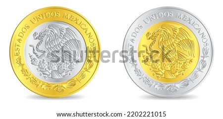 Obverse of golden silver mexican peso coins isolated on white background in vector illustration