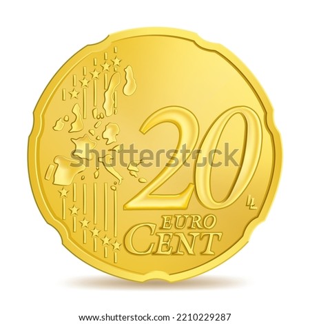 Golden Twenty euro cent coin isolated on white background in vector illustration