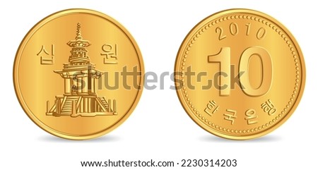 Obverse and reverse of south korean copper Ten won coin isolated on white background in vector illustration