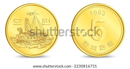 Obverse and reverse of south korean Bronze five won coin isolated on white background in vector illustration