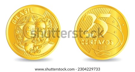 Obverse and reverse of brazil golden twenty five centavos coin isolated on white background in vector illustration